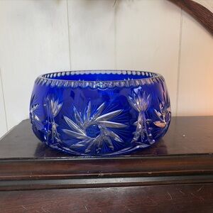 Vintage Bohemian Czech Cobalt Blue large 9” Bowl Cut to Clear Crystal